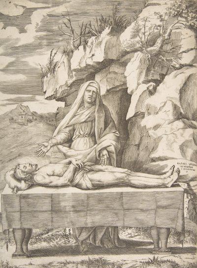 Pieta, Krisztus egy asztalon elnyúlva tájban, a Szűz karok mögött áll..., 1531-76. alkotó: Giulio Bonasone