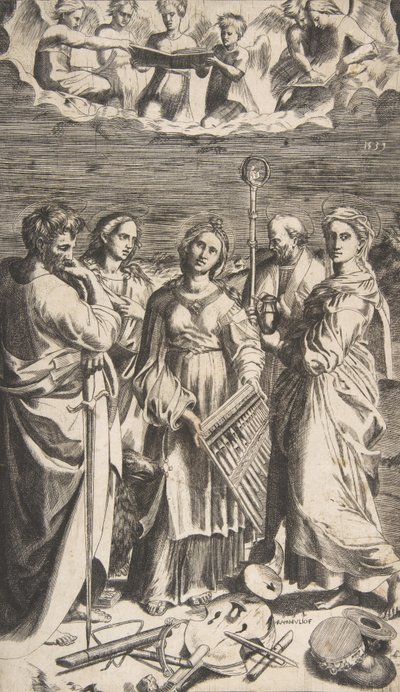 Középen álló Szent Cecília Szent Pál, Magdolna, Szent János kíséretében, 1531. alkotó: Giulio Bonasone