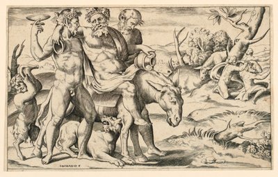 Silenus lovaglás egy szamáron alkotó: Giulio Bonasone