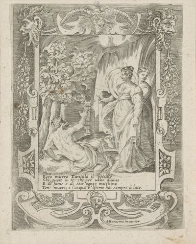 Tantalus beszél Dianával Juno szerelem, haragja és féltékenysége (sorozat címe) Amori sdegni et gielosie di Giunone (sorozat címe) alkotó: Giulio Bonasone