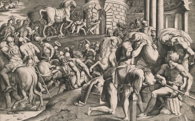 A trójaiak berángatják a falovat a városba, 1545. alkotó: Giulio Bonasone
