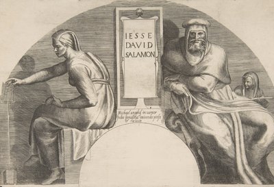 Krisztus ősei feliratos tábla, íves felső kompozíció mellett, 1531-76. alkotó: Giulio Bonasone