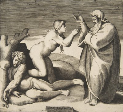 Éva teremtése, aki Ádám mögül kiemelkedik, kb. 1530-70. alkotó: Giulio Bonasone