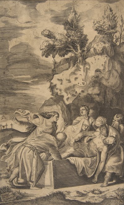 Krisztus síremléke, a bal háttérben látható keresztek a Kálvárián, 1563. alkotó: Giulio Bonasone