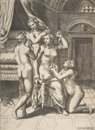 A központban ülő Psyche vécéjét gondozzák, 1531-76. alkotó: Giulio Bonasone