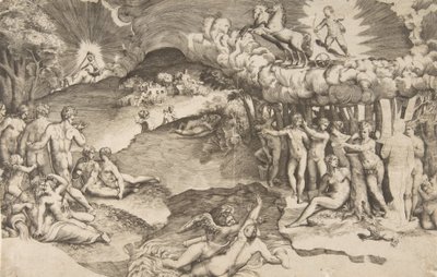 A szerelem diadala, az egyszarvú által vontatott szekéren lovagló Ámor a jobb felső sarokban, meztelenül..., 1545. alkotó: Giulio Bonasone