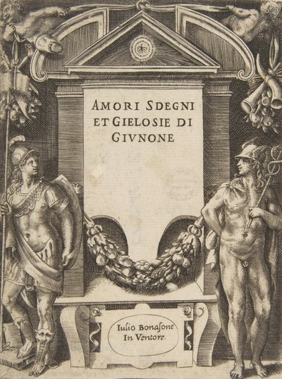 A „Juno szerelmei, dühei és féltékenységei” című sorozat címtáblája, 1531-76. alkotó: Giulio Bonasone