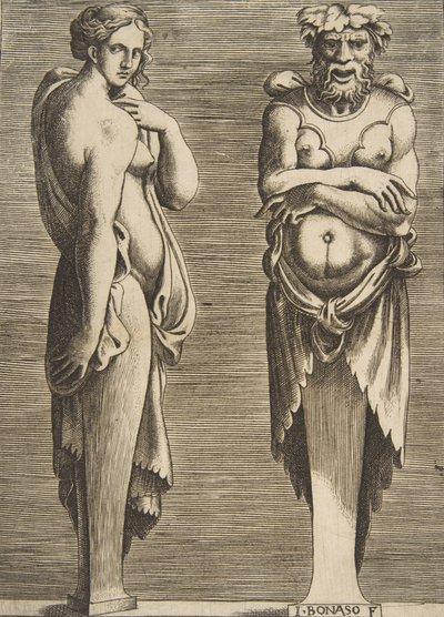 Két kifejezés, egy nimfa balra Silvanus jobbra, kb. 1530-50. alkotó: Giulio Bonasone