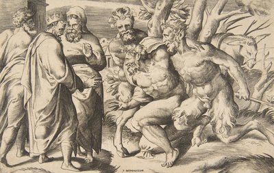 Két szatír, akik Silenus Midász királyt hozták a bal oldalon, 1531-76. alkotó: Giulio Bonasone
