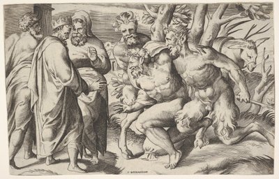 Két szatír vezeti Silenust Midas királyhoz, aki balra áll két férfi kísérővel..., kb. 1550-80. alkotó: Giulio Bonasone