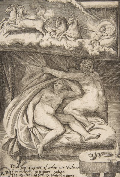 A Vénuszt és a Marsot Apolló fedezte fel, „Az istenek szerelmeiből”, 1531-60. alkotó: Giulio Bonasone