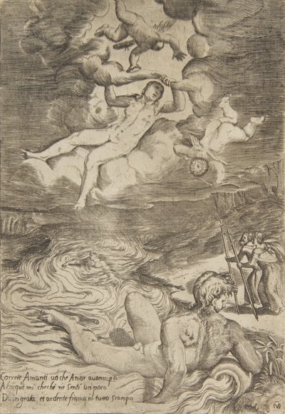 Puttival hömpölygő Vénusz a felhőkben, Az istenek szerelmeiből, kb. 1531-76. alkotó: Giulio Bonasone