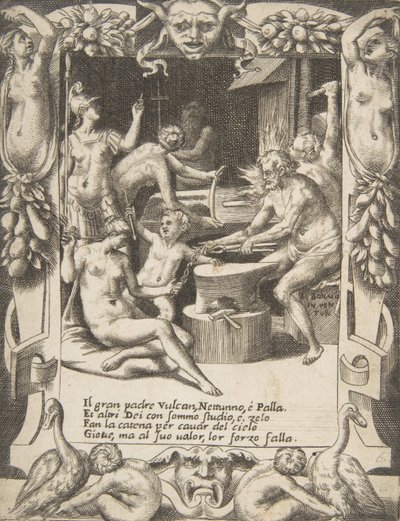 Vulkán, Neptunusz, Athéné és más istenek bilincseket készítenek, hogy kihúzzák Jupitert az égből..., 1531-76. alkotó: Giulio Bonasone