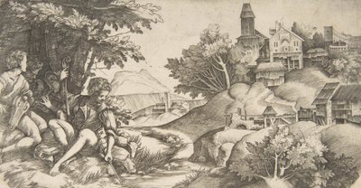 Balra négy pásztor hangszerekkel egy facsoport alatt ülve..., kb. 1517 alkotó: Giulio Campagnola