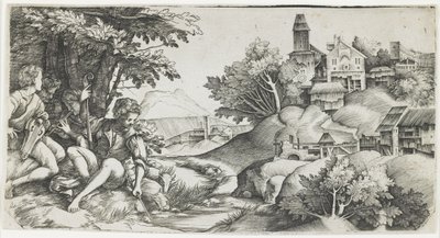 Pásztorok tájban, c. 1517-1518 alkotó: Giulio Campagnola