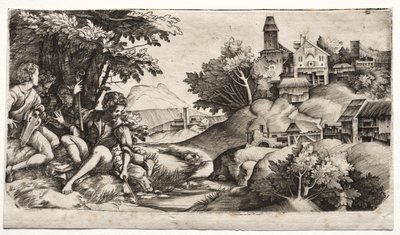Pásztorok tájban, c. 1517. alkotó: Giulio Campagnola