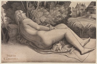 Vénusz fekvő tájban, 1508-2009 körül alkotó: Giulio Campagnola