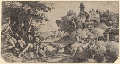 Pásztorok a tájban alkotó: Giulio Campagnola and Domenico Campagnola