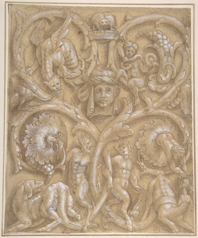 Dísztábla tervezése Rinceaux-val, szatírokkal, puttikkal, szörnyekkel és emberi fejjel, 1535-45. alkotó: Giulio Campi.