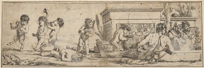 Bacchanal csecsemő szatírokkal és puttival balra, meztelen férfialak dől elöl..., 1633-78. alkotó: Giulio Carpioni