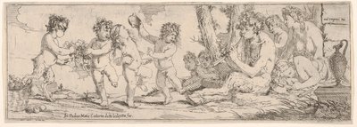 Bacchanal lantot játszó szatírral, körülvéve négy figurával, akik egy s... felé néznek, 1640-60. alkotó: Giulio Carpioni