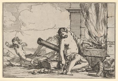 Tűz, amelyet a Vulkán kovácsműve előtt ülő Vénusz képvisel, páncéllal, ágyúval és ágyúval..., 1640-60. alkotó: Giulio Carpioni