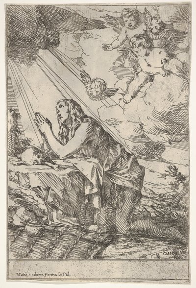 Bűnbánó Magdolna egy sziklás talajon térdel egy koponya és csontok, egy kenőcs..., kb. 1640-55. alkotó: Giulio Carpioni