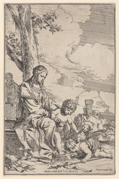 A Szent Család Krisztus lábát csókoló Szent János csecsemővel, 1640-60. alkotó: Giulio Carpioni