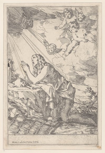 A Bűnbánó Szent Mária Magdolna koponya és csontok előtt térdel, 1640-60. alkotó: Giulio Carpioni