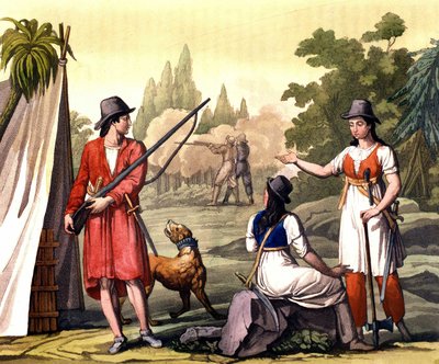 Buccaneers és nők flibustier: a kalóz Jack Rackham szerint a Red vagy John Rackham, ismertebb nevén Calico Jack (? -1720) Anne Bonny (Bonney) és Mary (Marc) Read képviseletében Nyugat-Indiában. A tányér a "" A régi és modern jelmez" -ből vett F alkotó: Giulio Ferrario