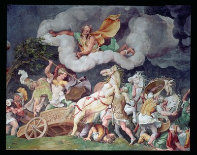Akhilleusz Hektor holttestét vonszolja a szekerén, részlet a Sala di Troia mennyezetéről, 1538 körül alkotó: Giulio Romano