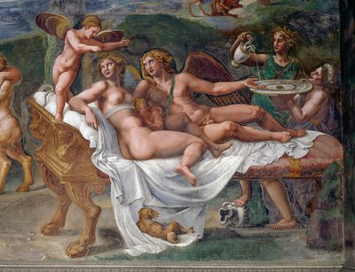 Ámor és Psyche lányukkal, Voluptasszal (Öröm) ágyon fekve, részlet az esküvői lakomából vagy az istenek lakomájából, Giulio Romano (1499-1546) freskója, Palazzo Te, Mantua (UNESCO Világörökségi Lista, 2008), Lombardia, Olaszország alkotó: Giulio Romano