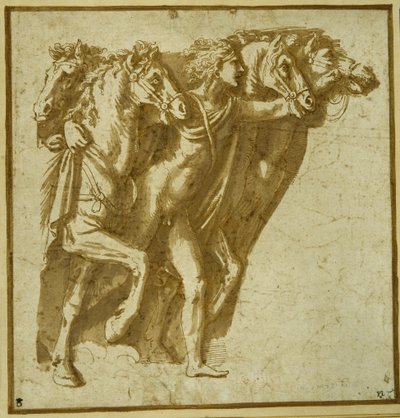 Hajnal: Apolló a Nap lovaival (toll és barna tinta mosással a papíron) alkotó: Giulio Romano