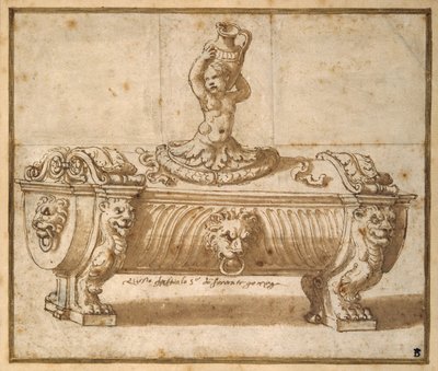 Édesdoboz dizájnja (toll és barna tinta papírra mosással) alkotó: Giulio Romano