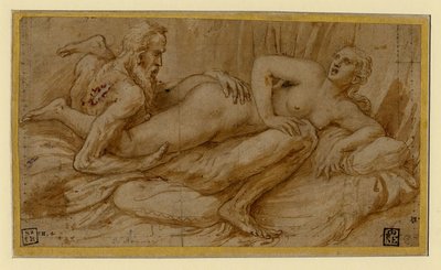 Erotic Scene par Romano, Giulio (1499-1546), 1524 után - Toll, ecset, barna indiai tinta, fehér színű, fekete kréta papíron alkotó: Giulio Romano