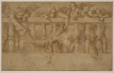Négy szárnyas putti korlátot díszítő füzérekkel alkotó: Giulio Romano