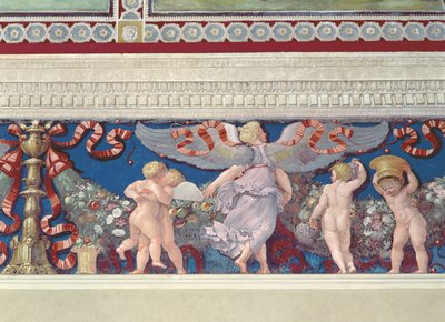 Frizek a Camera con Fregio di Amorini Ámor kamrájából Friz részlete birkózó Ámorokról, 1520-as évek freskója alkotó: Giulio Romano