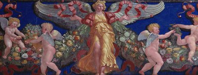 Frizek a Camera con Fregio di Amorini Ámor kamrájából Frízrészlet egy angyalról aranyruhában, széttárt szárnyakkal, 1520-as évek freskója alkotó: Giulio Romano