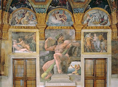 Olympia elcsábította Jupiter, Polyphemus őrzi Acist és Galateát, Pasiphae belép a Daedalus által épített tehénbe a Sala di Amore e Psiche-ből alkotó: Giulio Romano