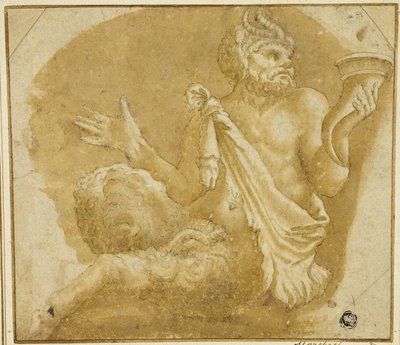 Ülő Faun Holding Bőségszaru (recto); Vázlat a fáról és a házról (fordítva) alkotó: Giulio Romano