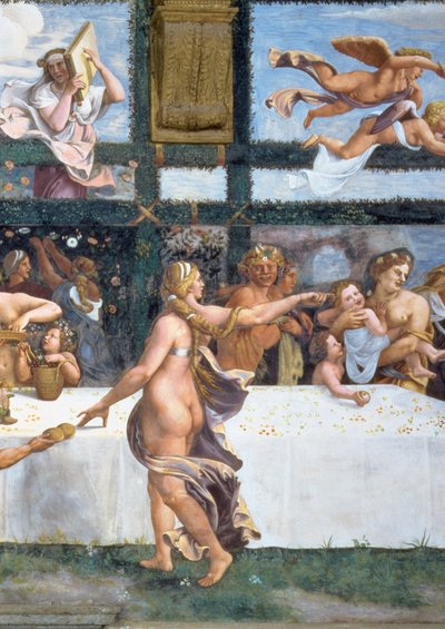 A rusztikus bankett, amely Cupido és Psyche házasságát ünnepli, a fenti három lunetta Psyche egyik megpróbáltatását ábrázolja, hogy visszahozzon az alvilágból egy tégelyt, amely Proser szépségét tartalmazza. alkotó: Giulio Romano