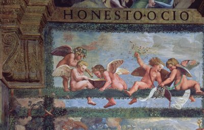 A rusztikus bankett, putti zenélés részlete, a Sala di Amore e Psiche-ből, 1528 freskórészlet a 78428-ból alkotó: Giulio Romano
