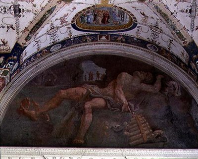 Pánt és szatírokat ábrázoló loggia, a boltozat lunette részlete alkotó: Giulio Romano