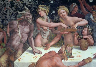 Két Horae szétszórja a virágot, két szatír figyeli, részlet az Ámor és Psyche házasságát ünneplő rusztikus bankettről a Sala di Amore e Psiche-ből, 1528 freskó részlet a 78427-ből alkotó: Giulio Romano