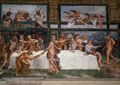 Esküvői lakoma vagy istenek bankettje, Giulio Romano (1499-1546) freskója, Ámor és Psyche Kamara nyugati fala, Palazzo Te, Mantova (UNESCO Világörökségi Lista, 2008), Lombardia, Olaszország alkotó: Giulio Romano