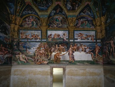 Esküvői lakoma vagy istenek bankettje, Giulio Romano (1499-1546) freskója, Ámor és Psyche Kamara nyugati fala, Palazzo Te, Mantova (UNESCO Világörökségi Lista, 2008), Lombardia, Olaszország alkotó: Giulio Romano