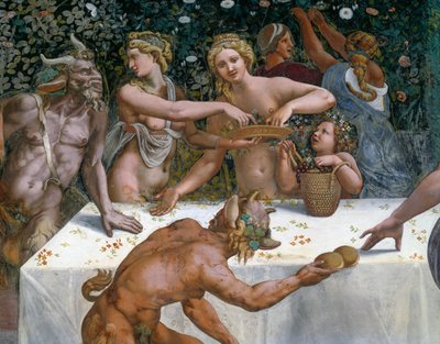 Esküvői lakoma vagy istenek bankettje, Giulio Romano (1499-1546) freskója, Ámor és Psyche Kamara nyugati fala, Palazzo Te, Mantova (UNESCO Világörökségi Lista, 2008), Lombardia, Olaszország alkotó: Giulio Romano