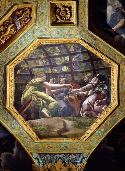 Nők szőlőt gyűjtögető mennyezeti keszont az Ámor és Psyché terméből, 1528 (olaj, stukkó) alkotó: Giulio Romano