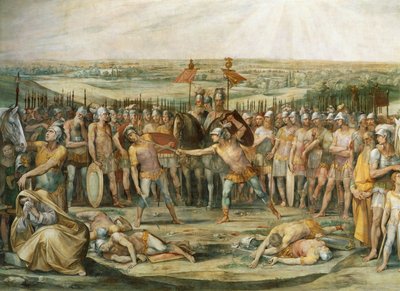 Harat a Horatii és a Curiatii között, készítette: Giuseppe Cesari (1568-1640), freskó, Horatii és Curiatii terme, Palace Conservatories, Róma. Római Birodalom, Olaszország, Kr. e. 7. század. alkotó: Giuseppe Cesari