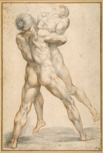 Herkules birkózik Antaeusszal (fekete-piros kréta fehér papíron) alkotó: Giuseppe Cesari